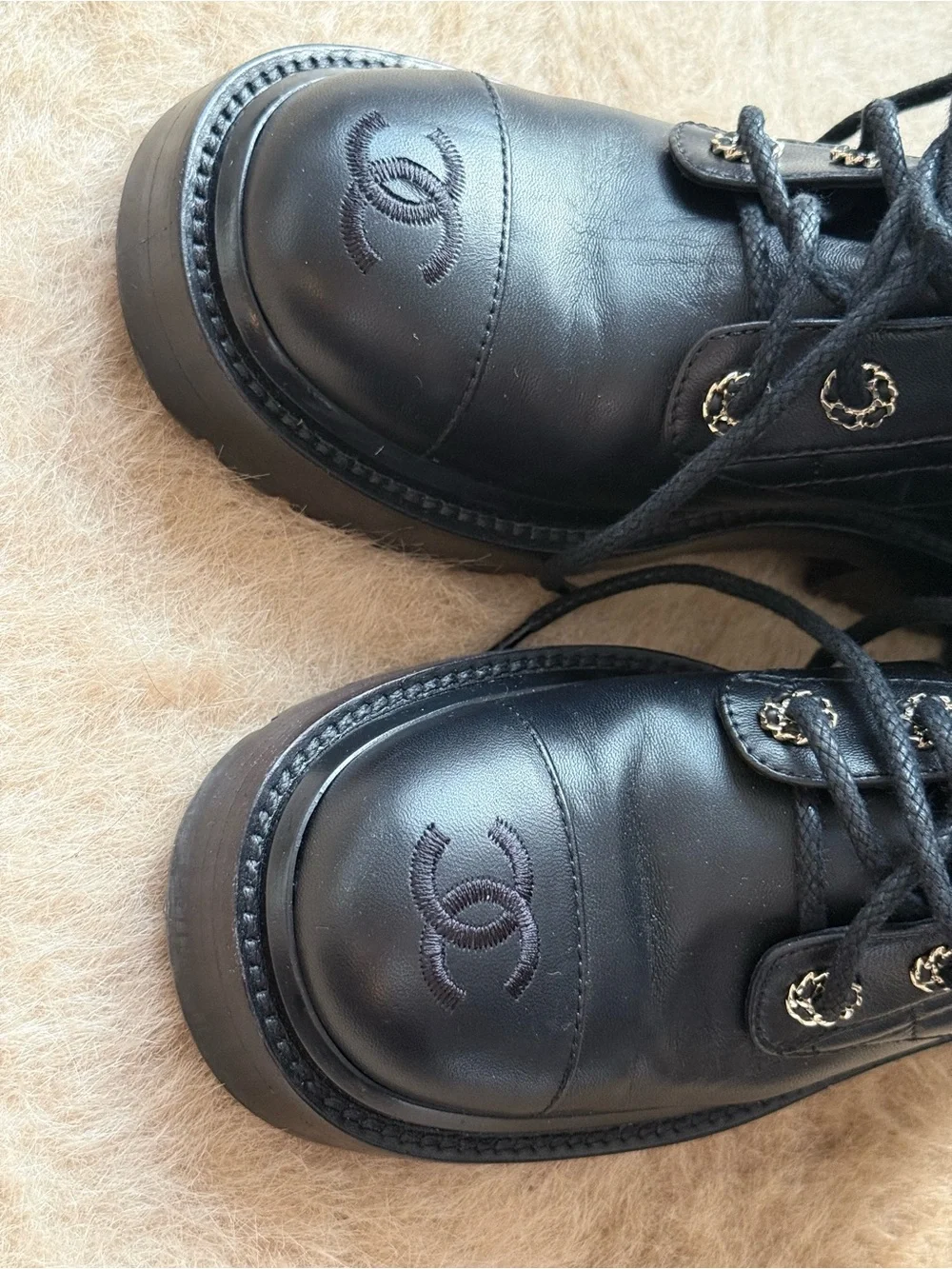CHANEL Black Quilted Leather Combat Boots with Chain CC Detailing size 5